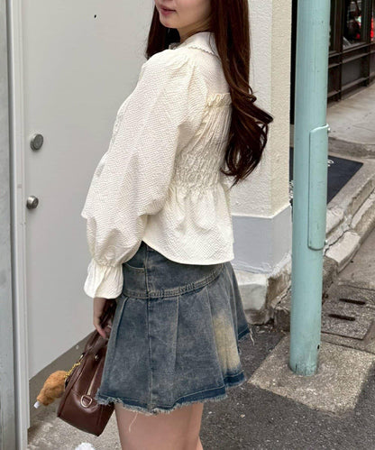 抽褶荷葉下襬女襯衫