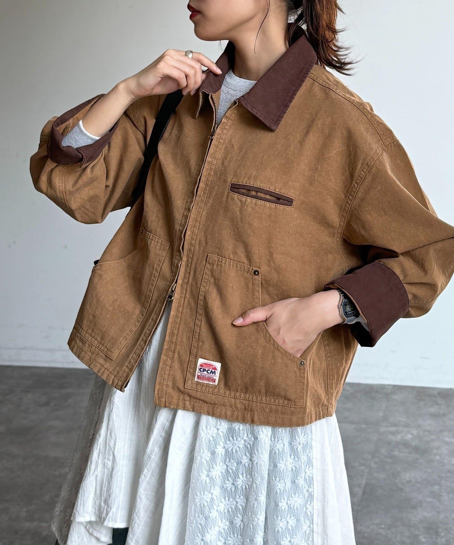 配色領 工裝夾克