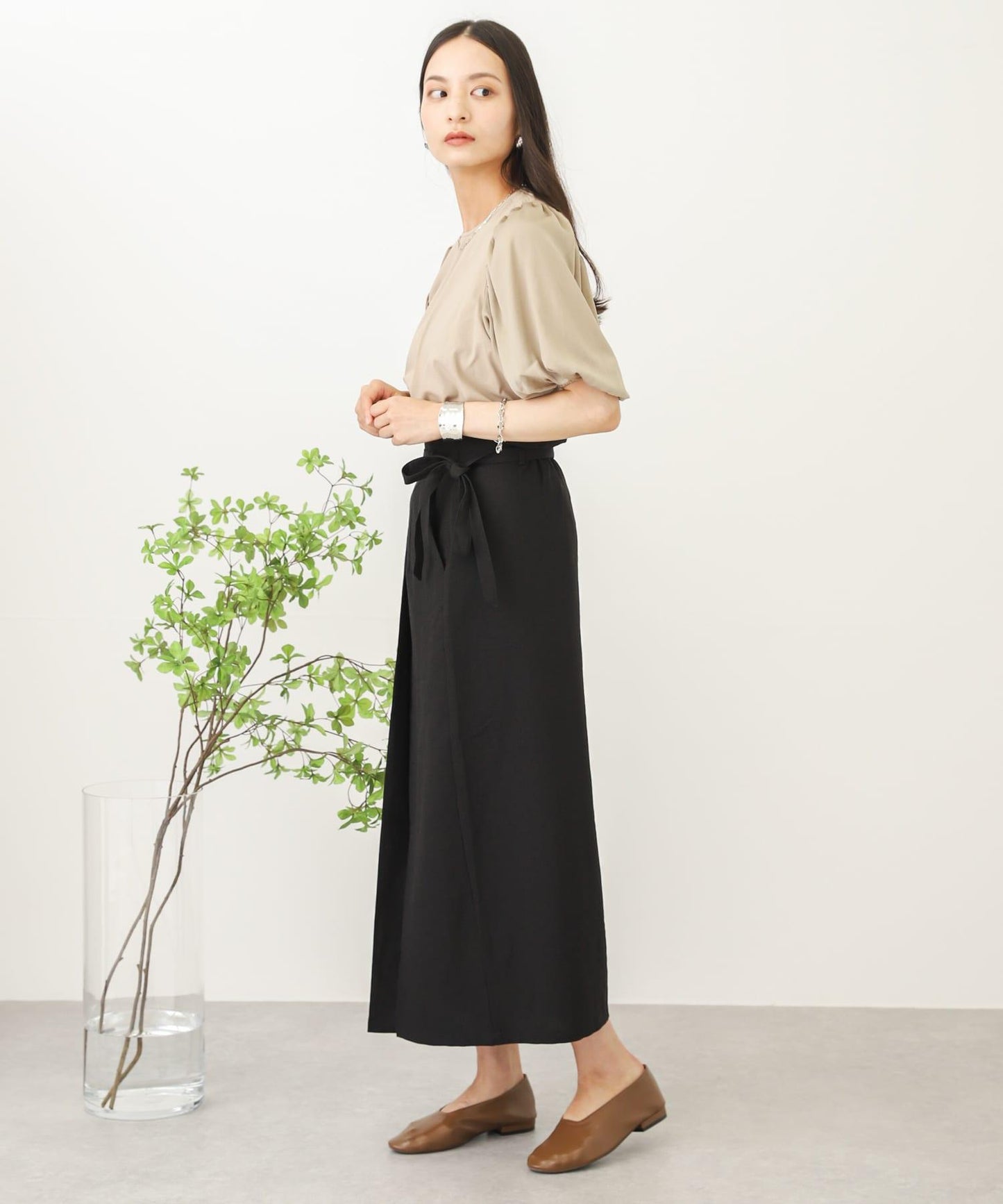 高腰 裹身設計 仿亞麻面料 半身裙