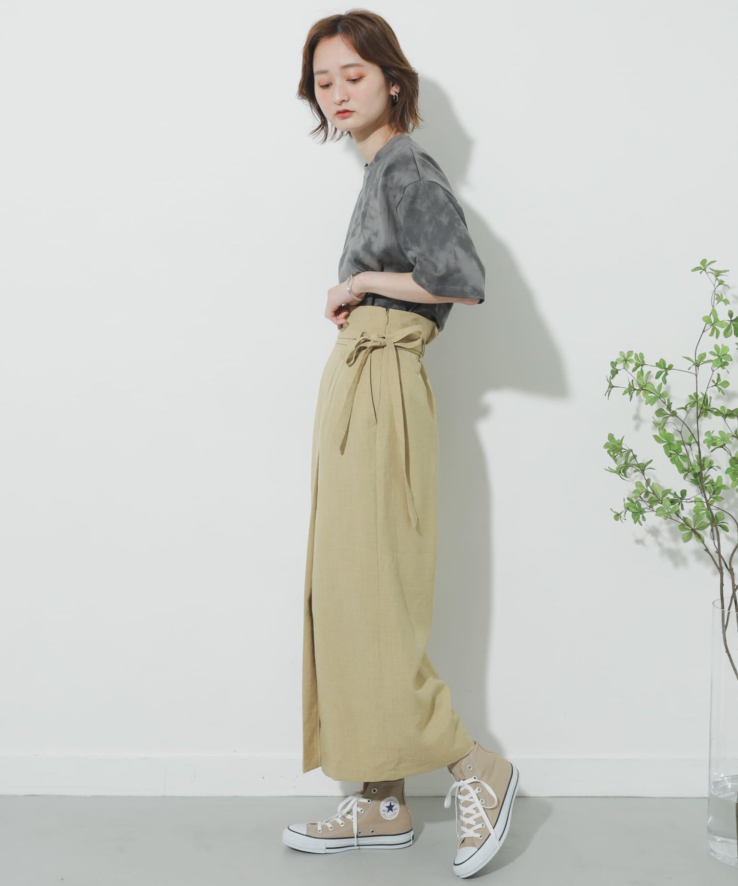 高腰 裹身設計 仿亞麻面料 半身裙