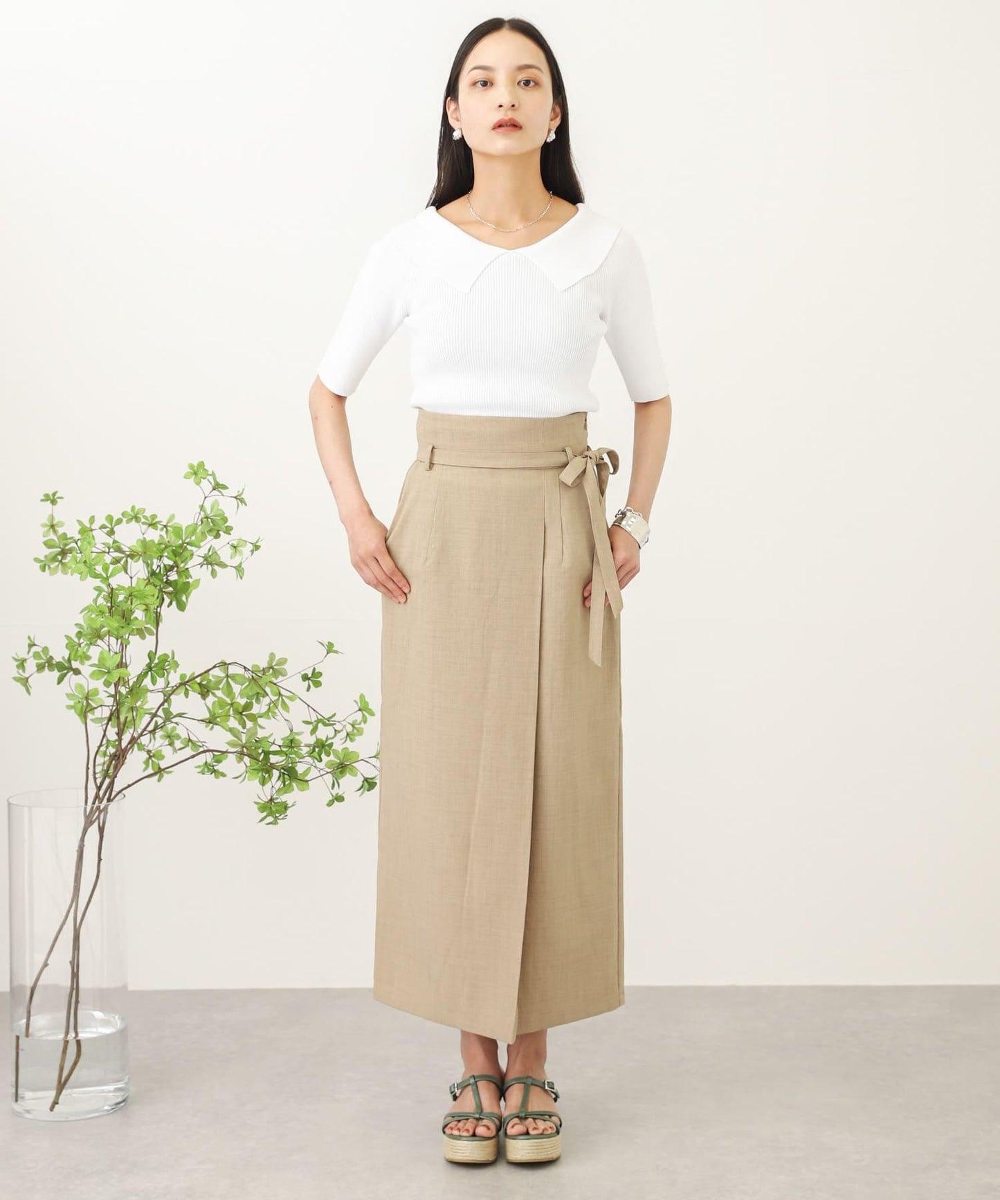 高腰 裹身設計 仿亞麻面料 半身裙