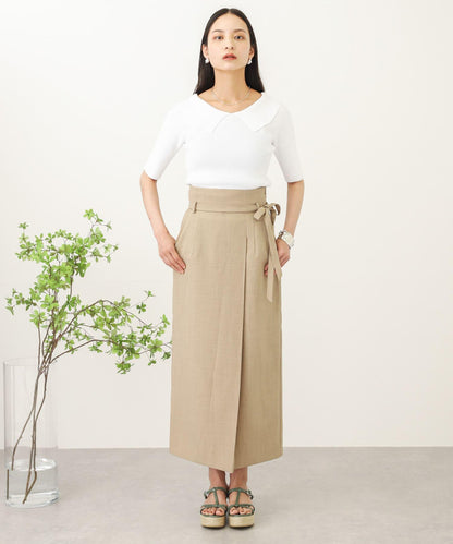 高腰 裹身設計 仿亞麻面料 半身裙