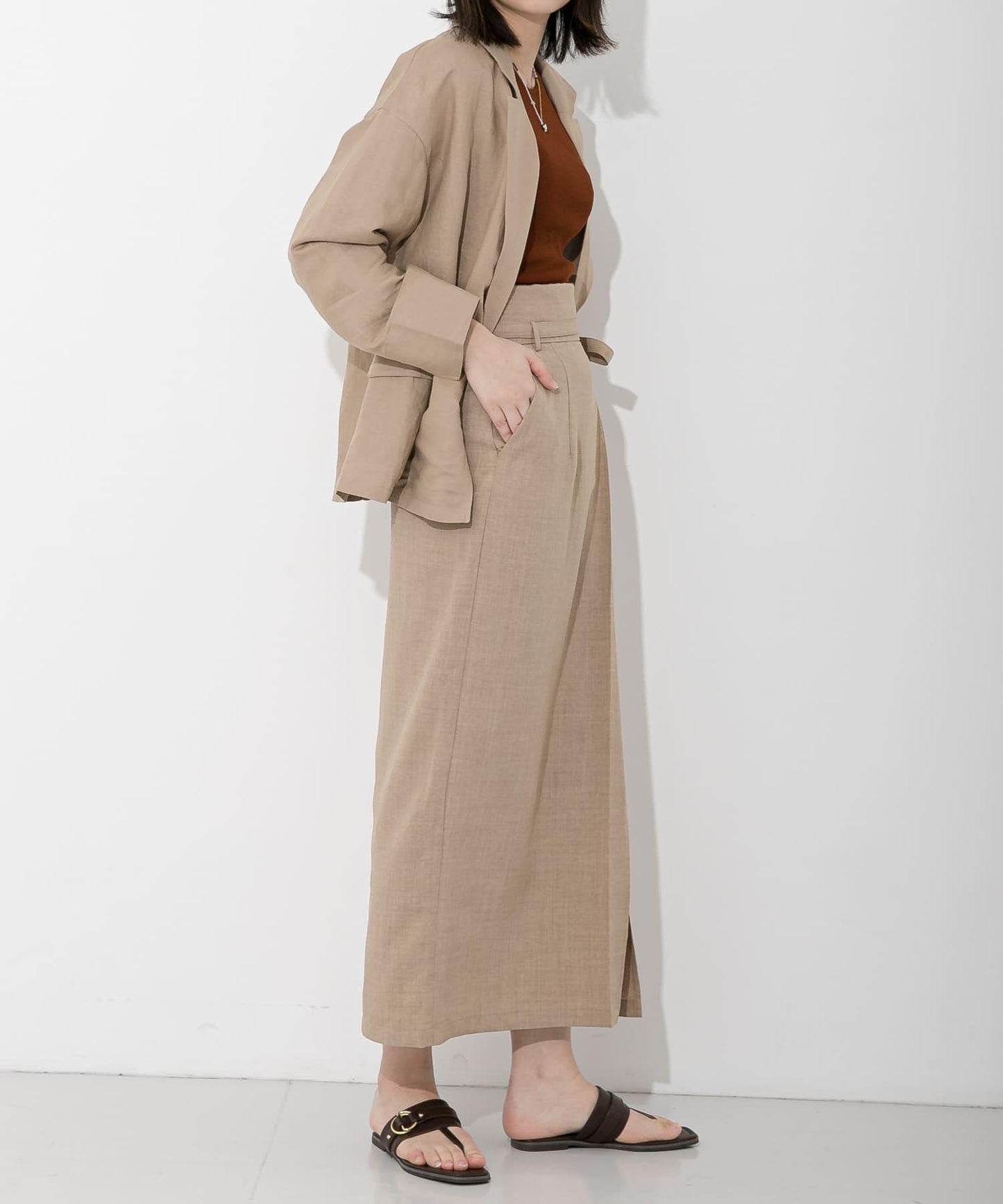 高腰 裹身設計 仿亞麻面料 半身裙