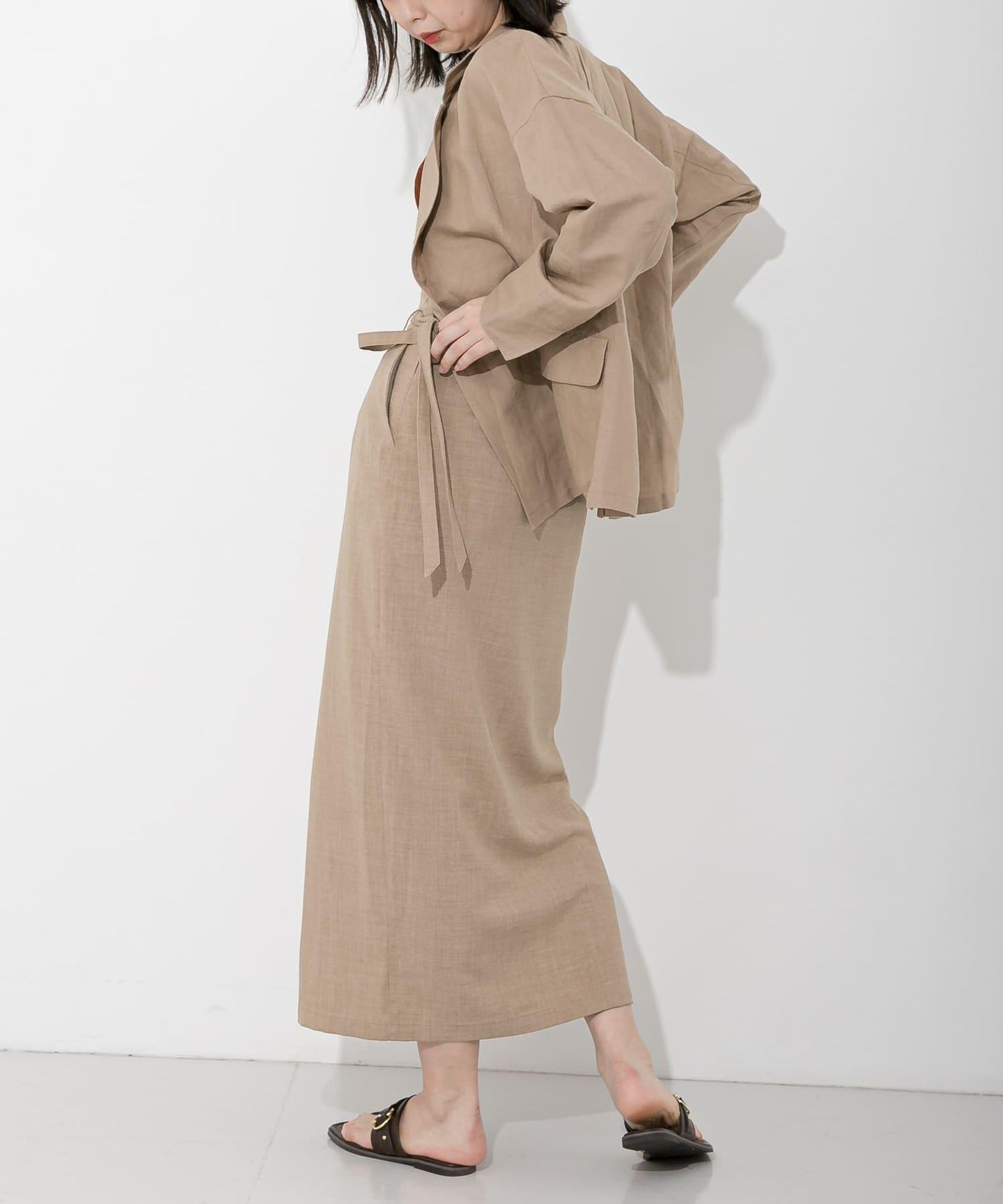 高腰 裹身設計 仿亞麻面料 半身裙