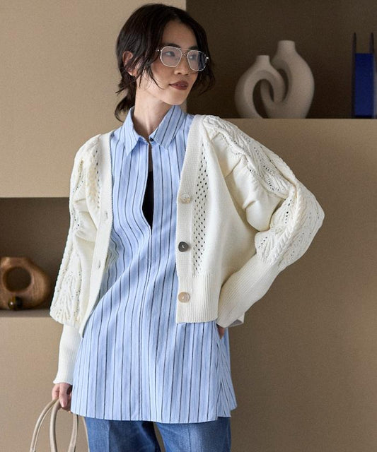 多樣紐扣設計 蓬袖 麻花針織 針織開衫