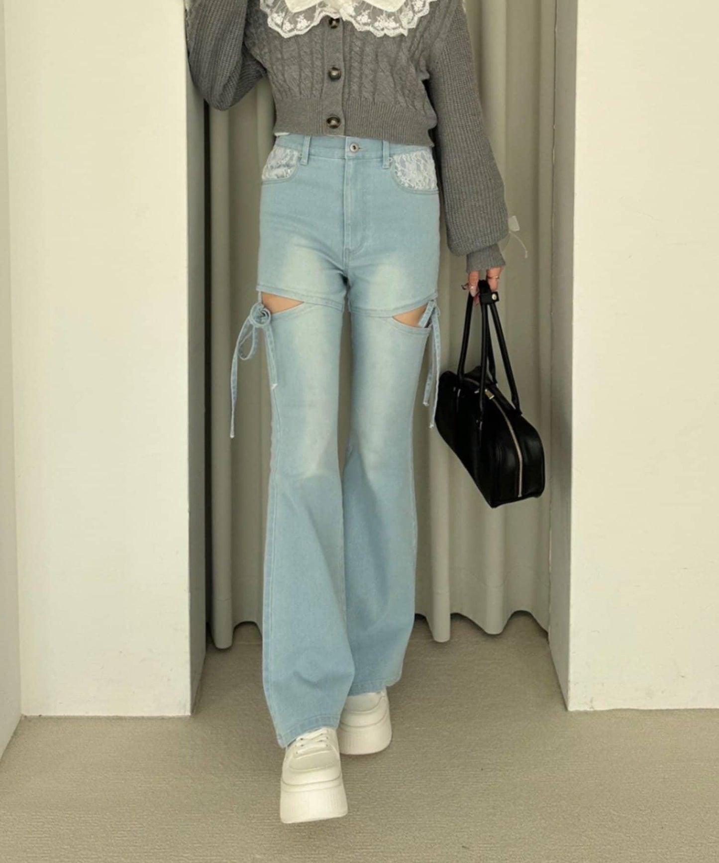 蝴蝶結側開叉喇叭褲