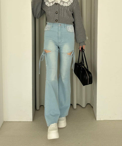 蝴蝶結側開叉喇叭褲