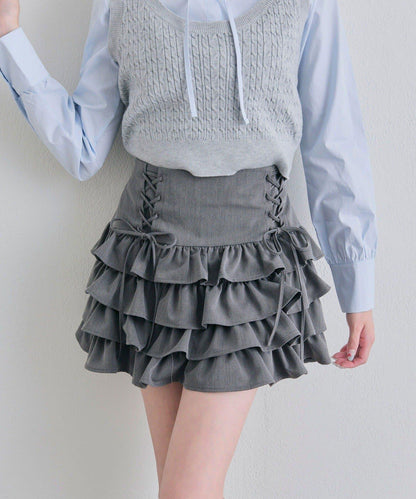 繫帶四層荷葉邊裙