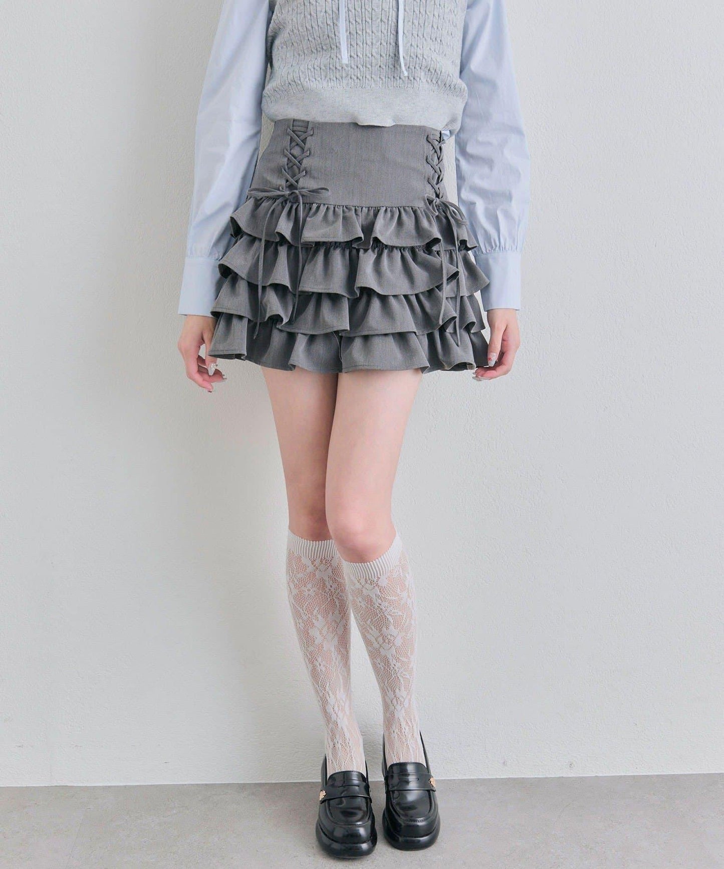 繫帶四層荷葉邊裙