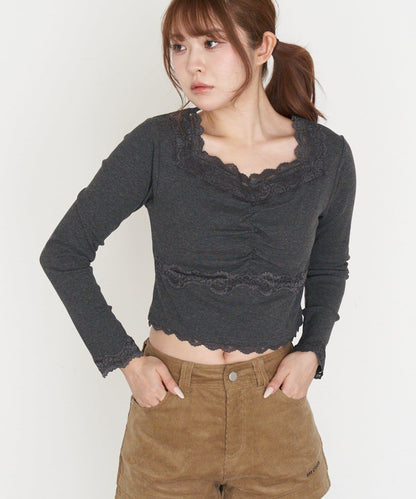 帶胸墊蕾絲長袖T恤