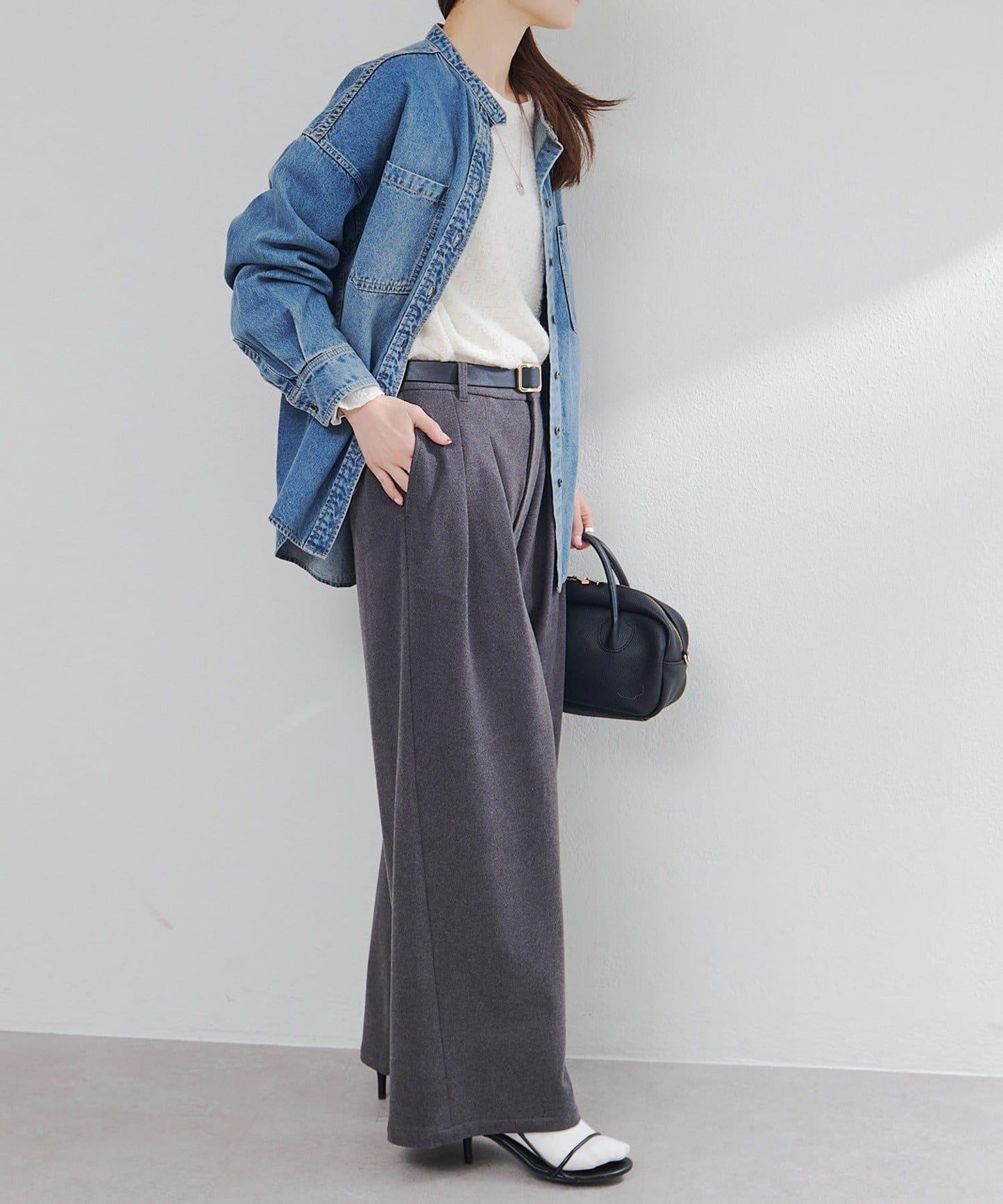 彈力加絨褶飾西褲