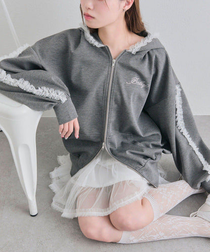 薄紗荷葉邊連帽衛衣