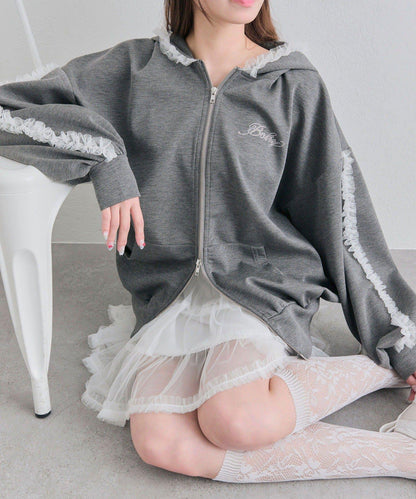 薄紗荷葉邊連帽衛衣