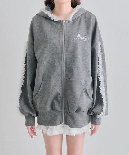 薄紗荷葉邊連帽衛衣