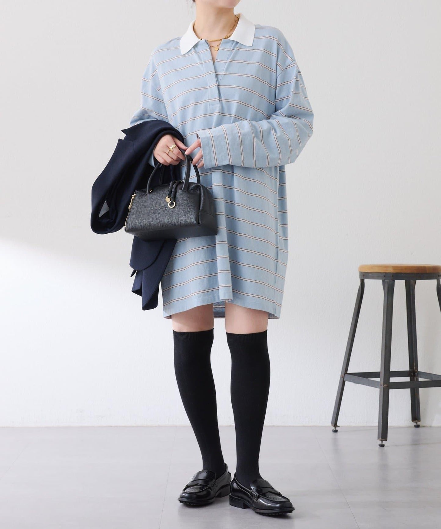 polo領條紋長款上衣