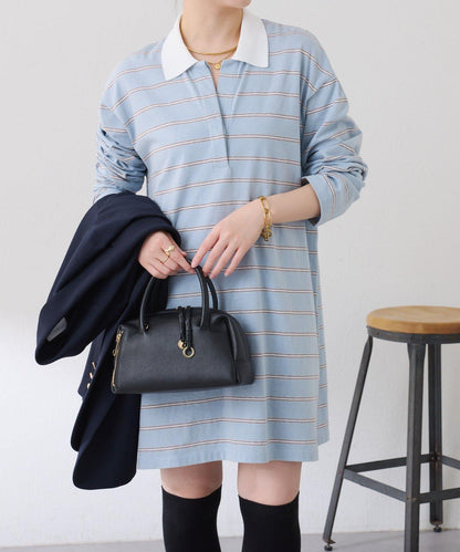 polo領條紋長款上衣