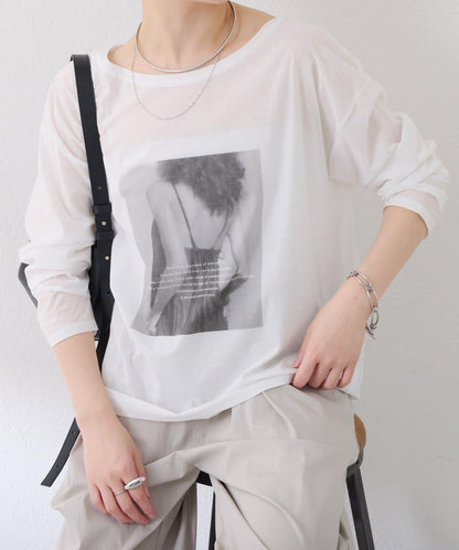 透視蝙蝠袖照片圖案長袖T恤