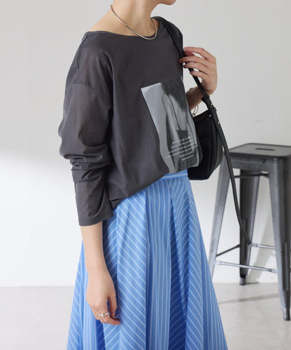 透視蝙蝠袖照片圖案長袖T恤