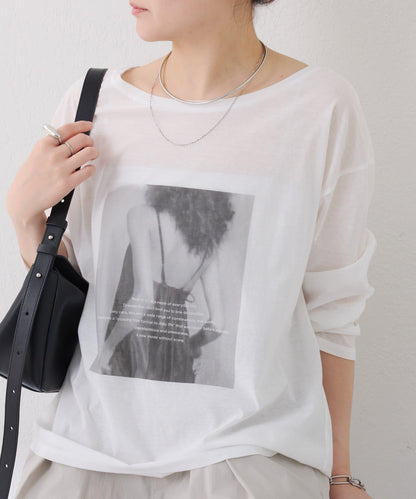 透視蝙蝠袖照片圖案長袖T恤