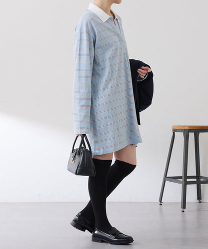 polo領條紋長款上衣