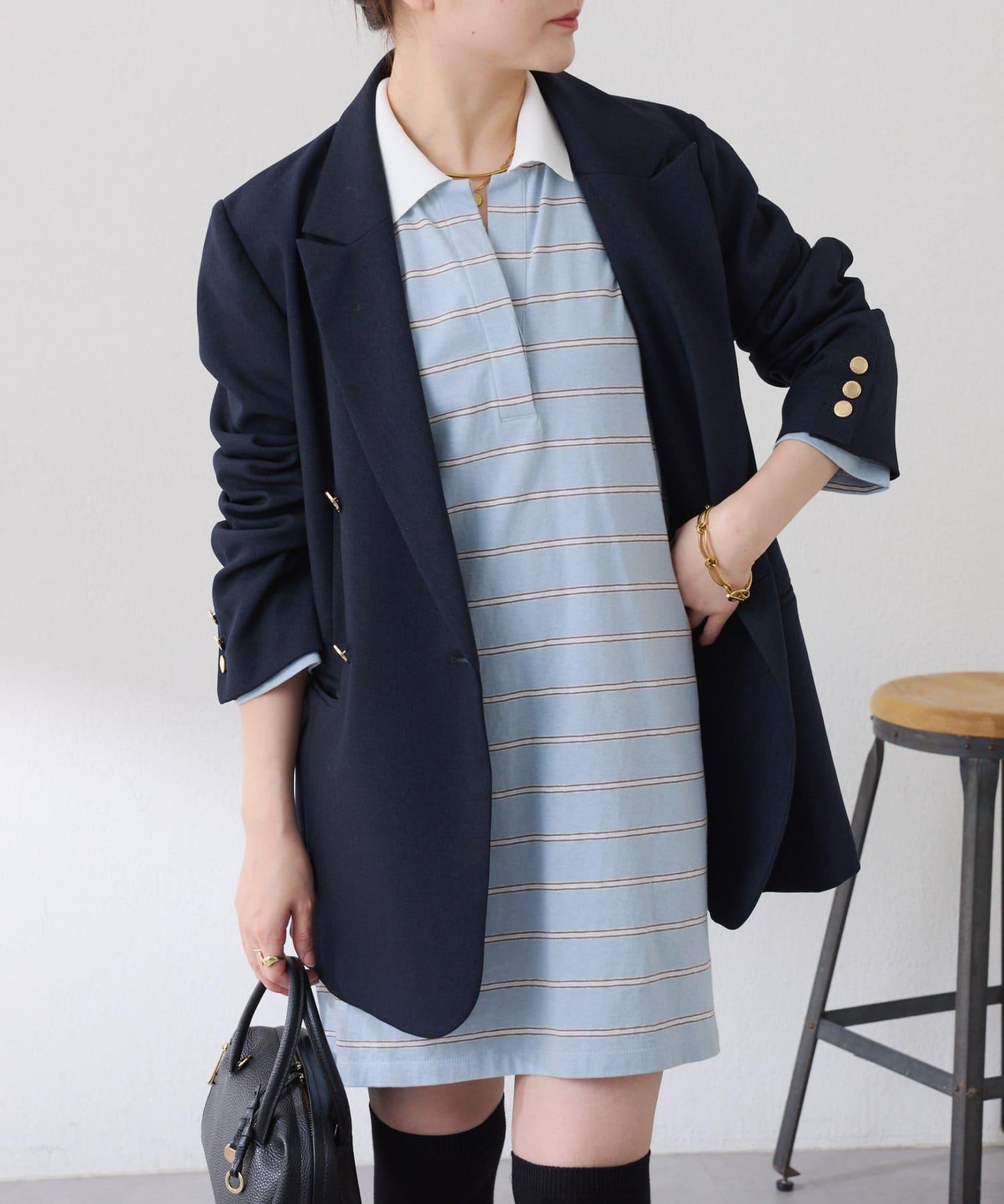 polo領條紋長款上衣