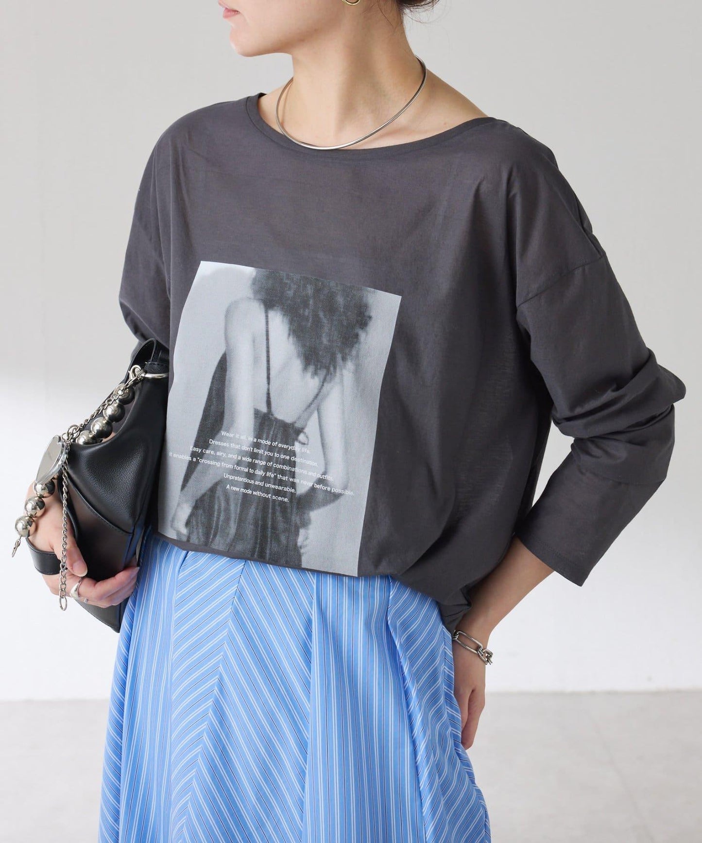 透視蝙蝠袖照片圖案長袖T恤