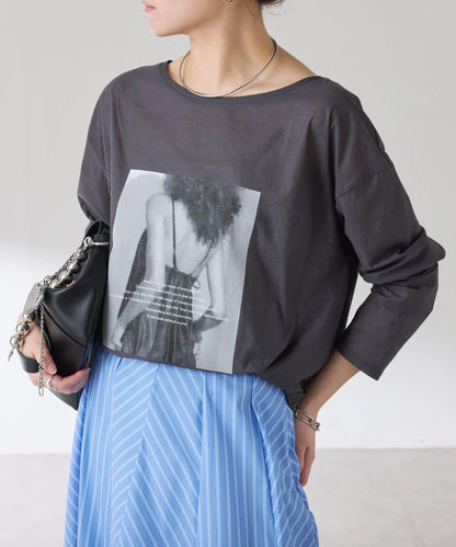 透視蝙蝠袖照片圖案長袖T恤