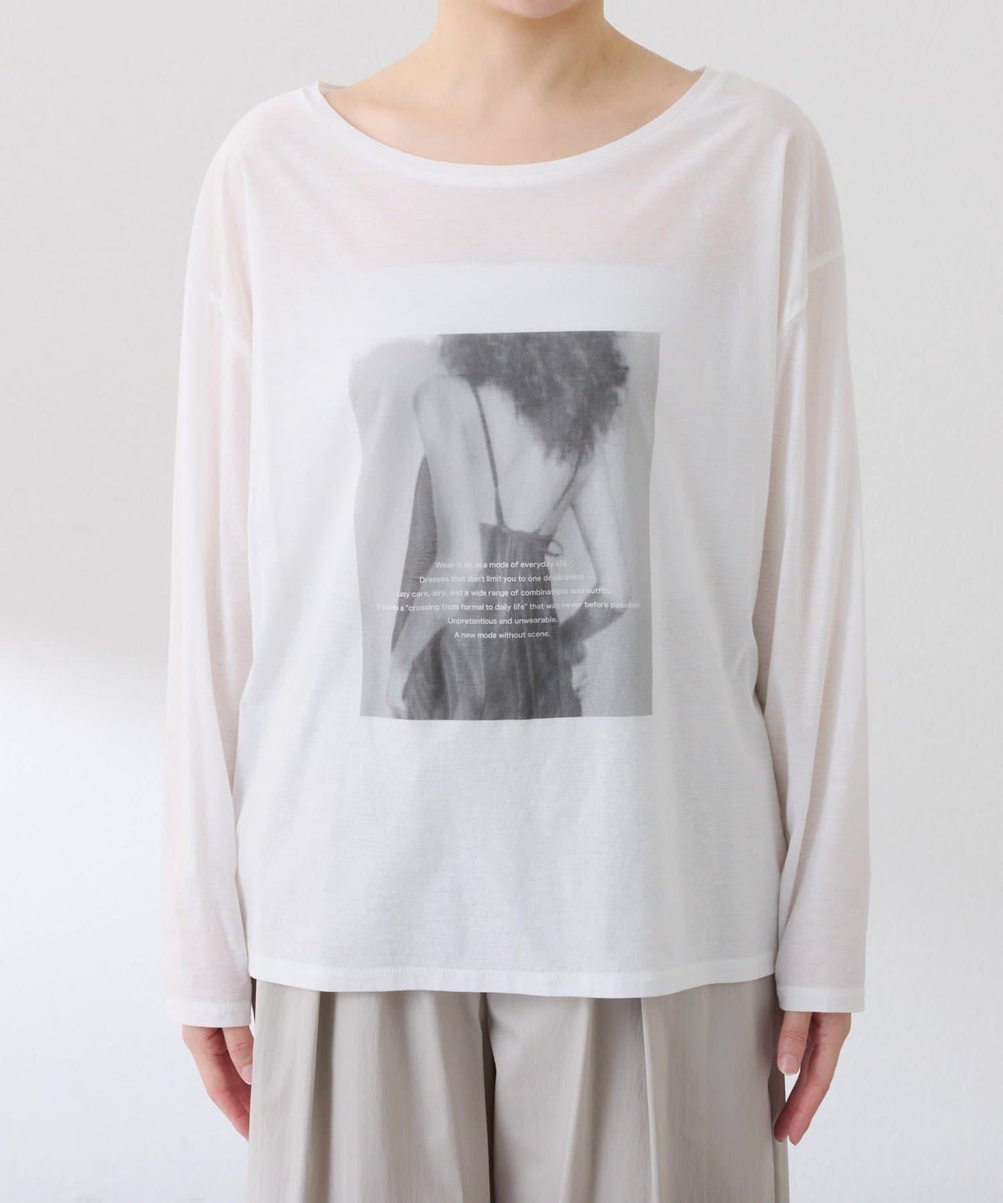 透視蝙蝠袖照片圖案長袖T恤