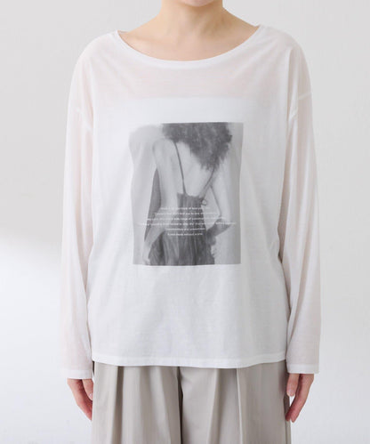 透視蝙蝠袖照片圖案長袖T恤