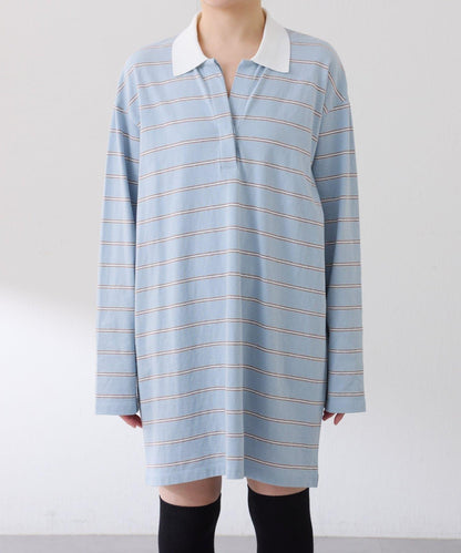 polo領條紋長款上衣