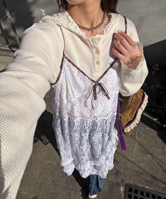 格紋滾邊蕾絲吊帶連衣裙