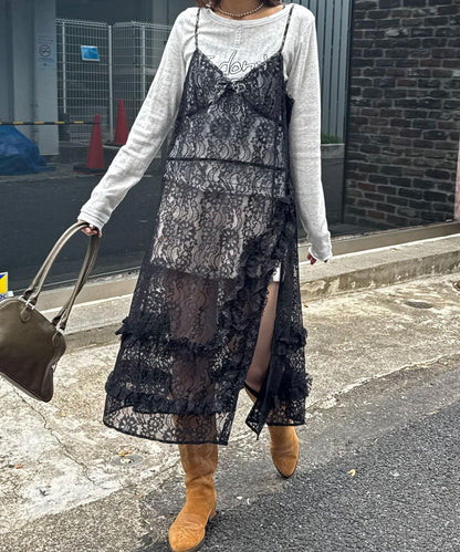 格紋滾邊蕾絲吊帶連衣裙