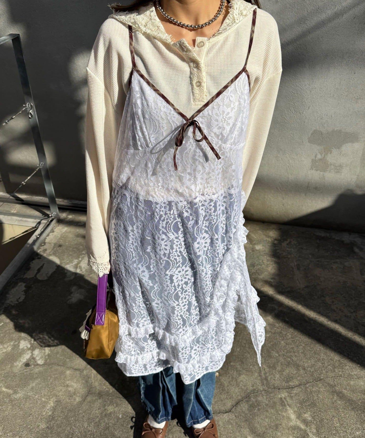 格紋滾邊蕾絲吊帶連衣裙