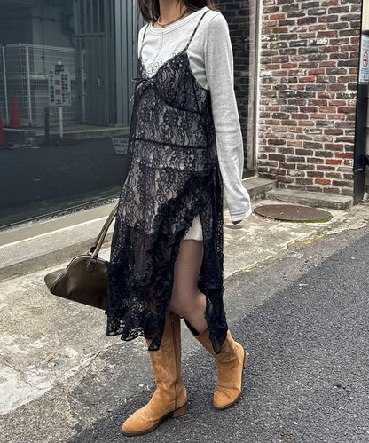 格紋滾邊蕾絲吊帶連衣裙