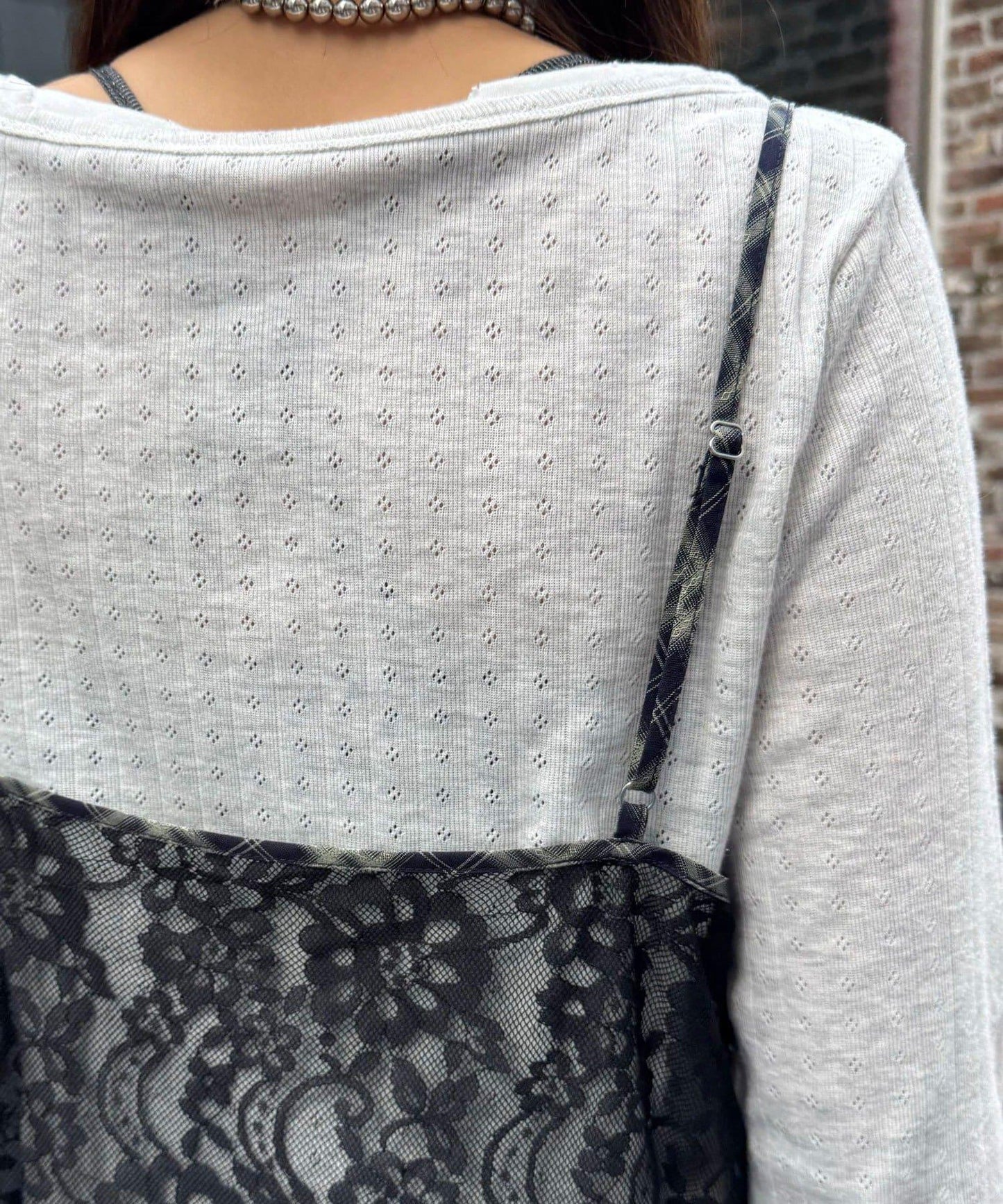 格紋滾邊蕾絲吊帶連衣裙