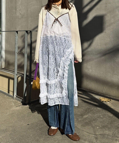 格紋滾邊蕾絲吊帶連衣裙