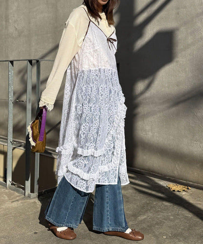 格紋滾邊蕾絲吊帶連衣裙