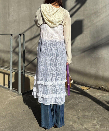 格紋滾邊蕾絲吊帶連衣裙