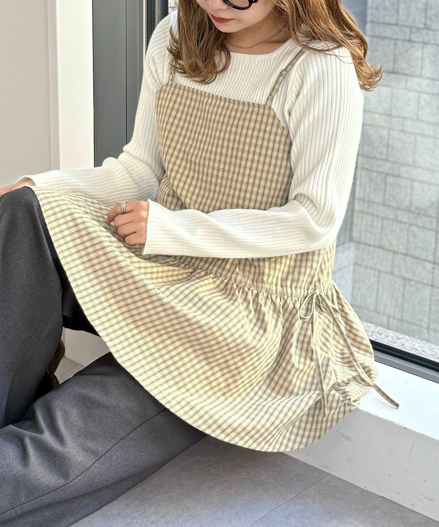 腰部蝴蝶結吊帶長款上衣