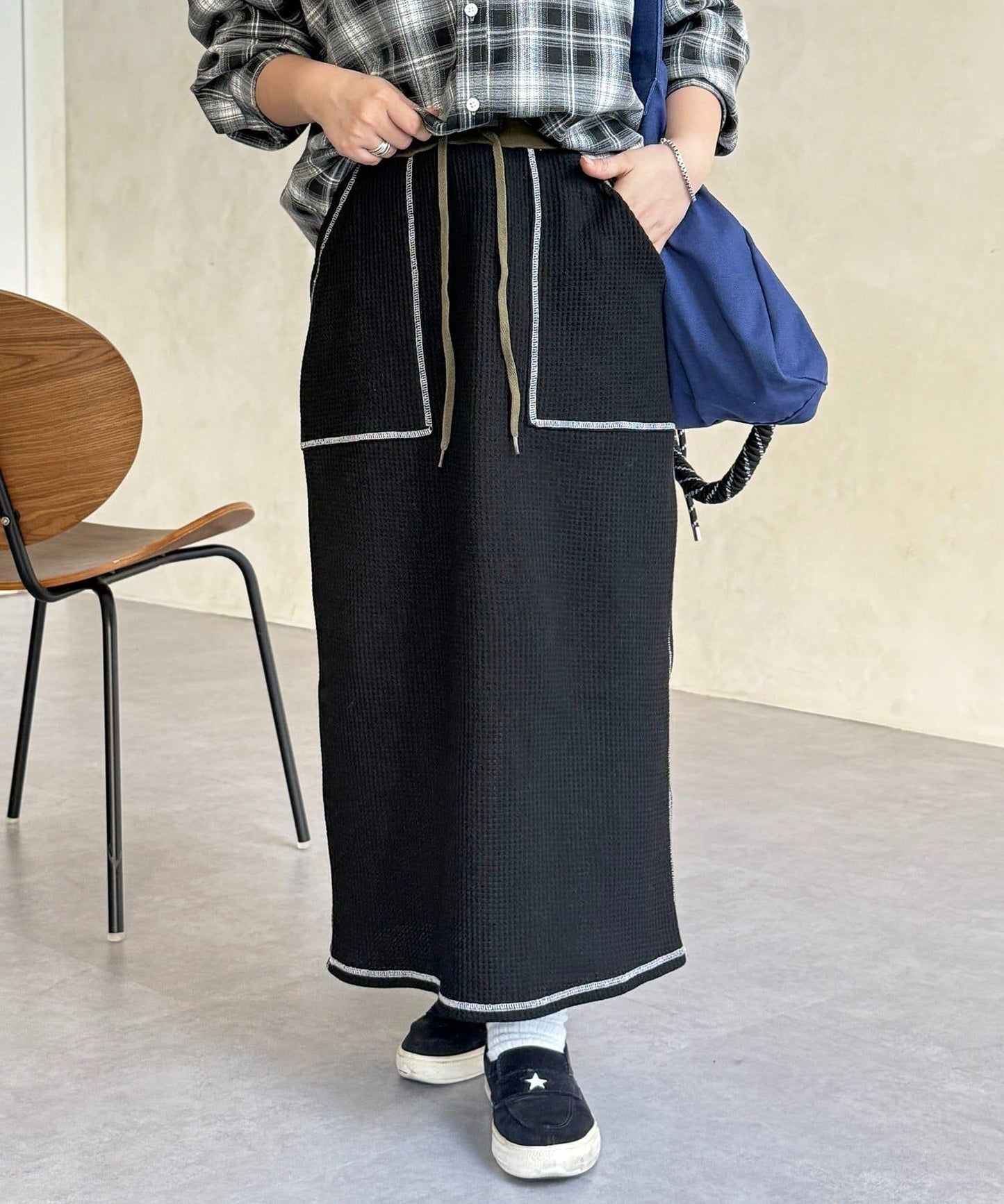 窄版 縫線 華夫格 半身裙