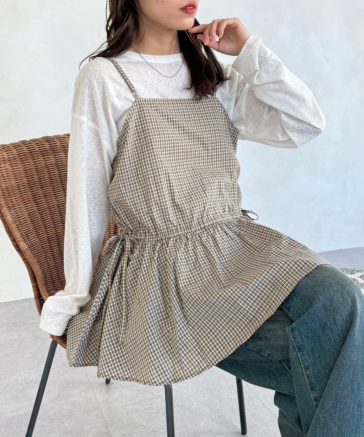 腰部蝴蝶結吊帶長款上衣