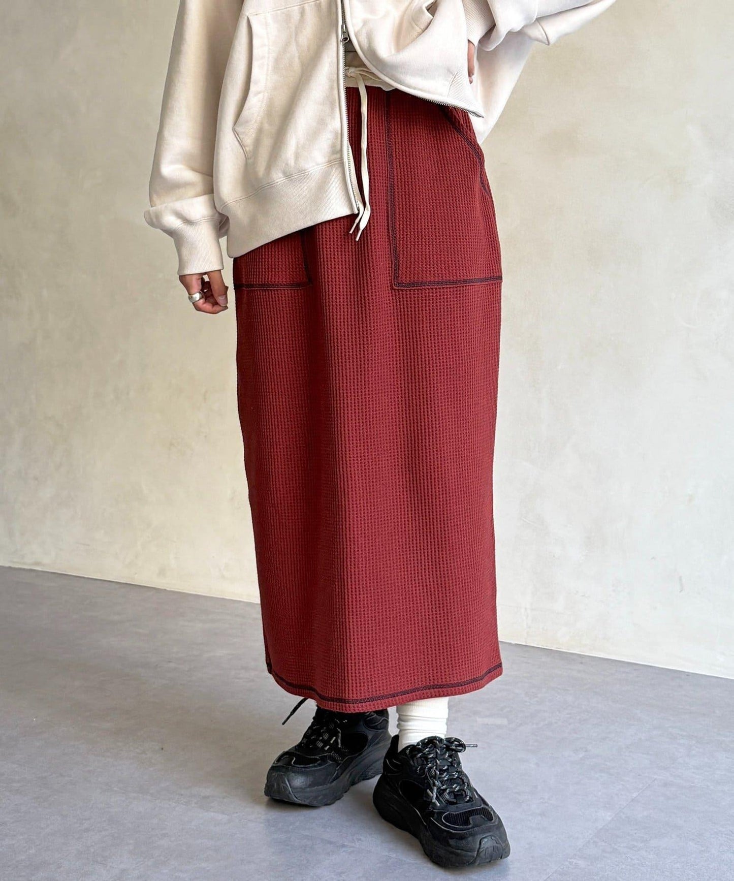 窄版 縫線 華夫格 半身裙