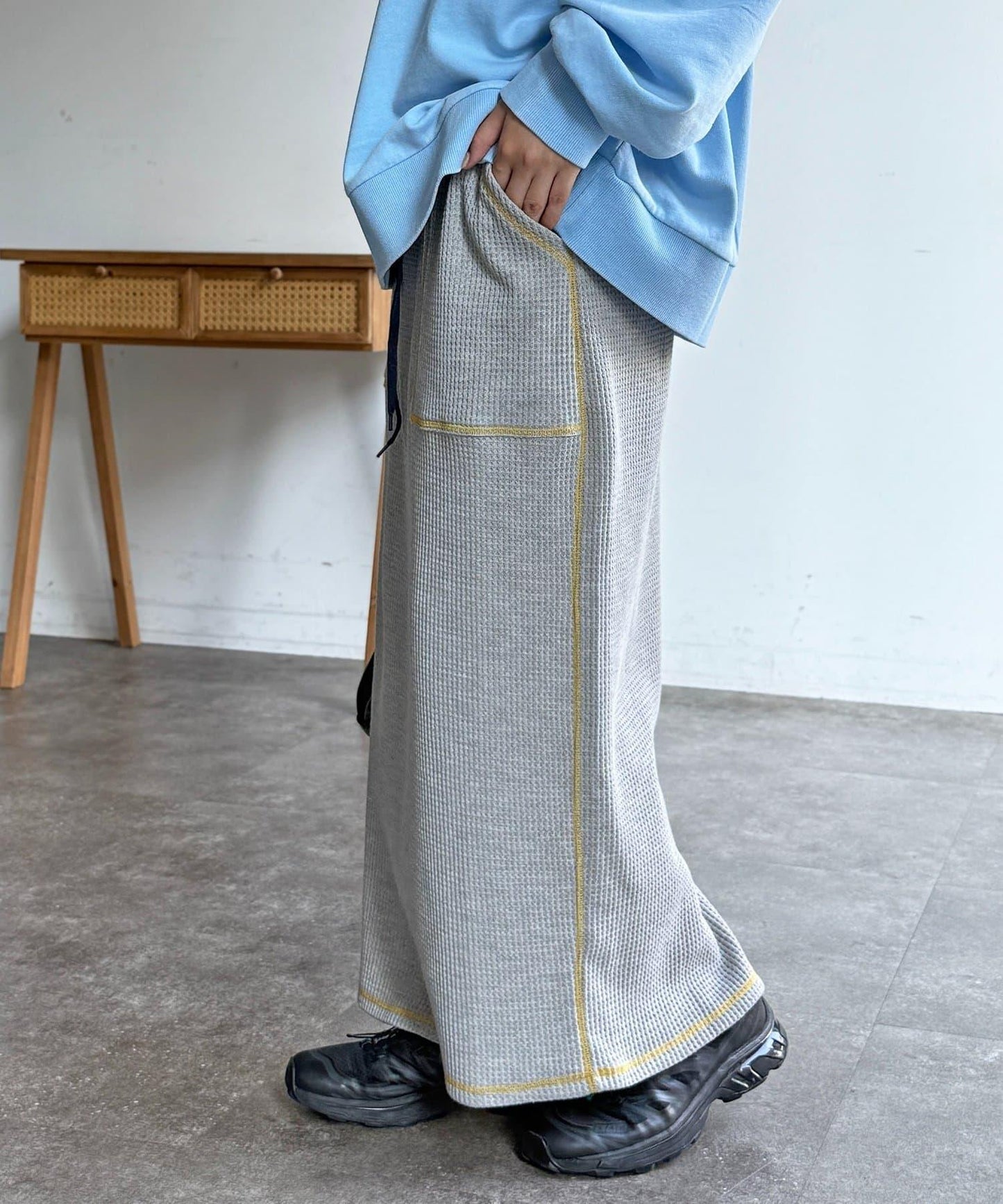 窄版 縫線 華夫格 半身裙