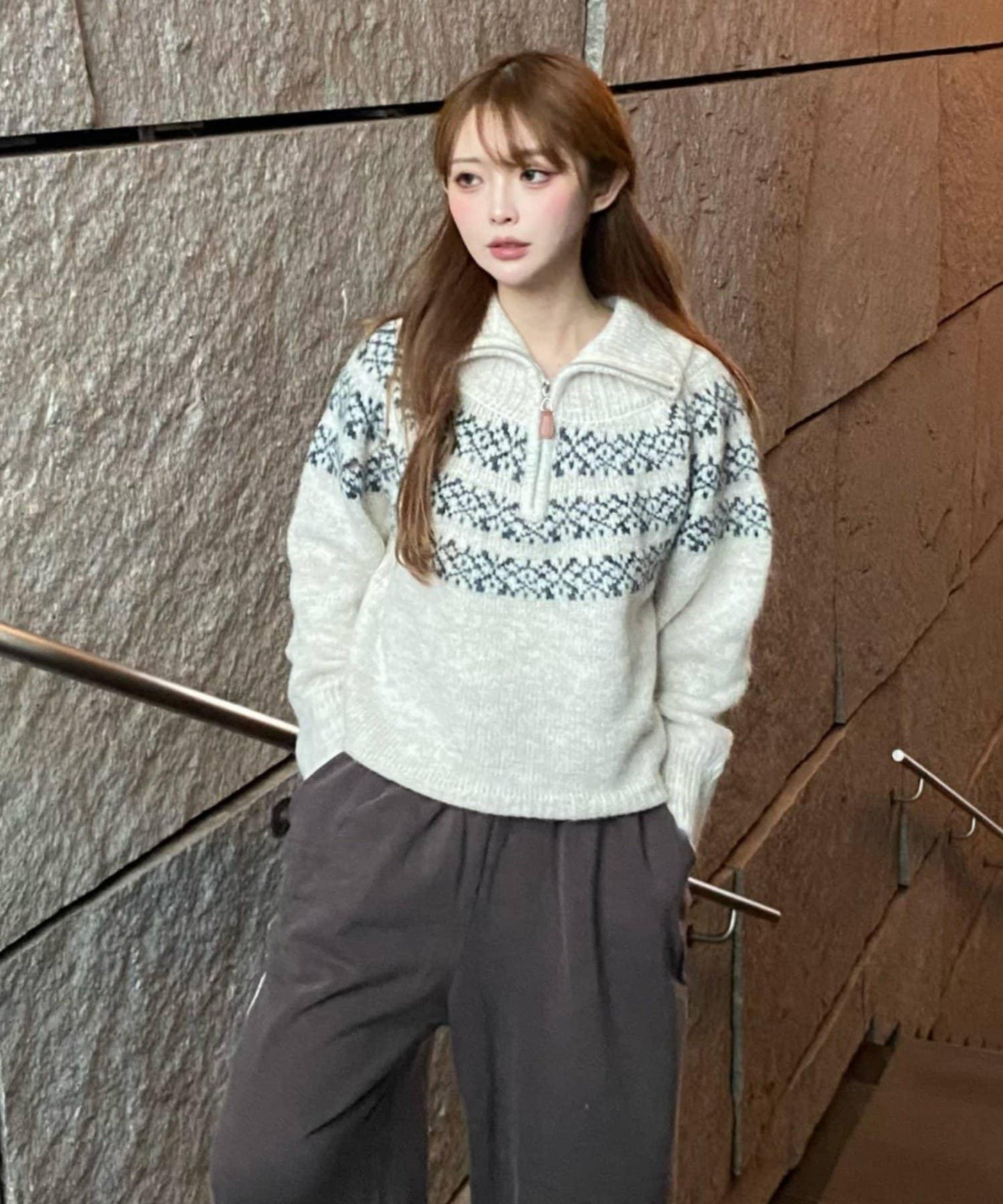 北歐半拉鍊針織針織上衣