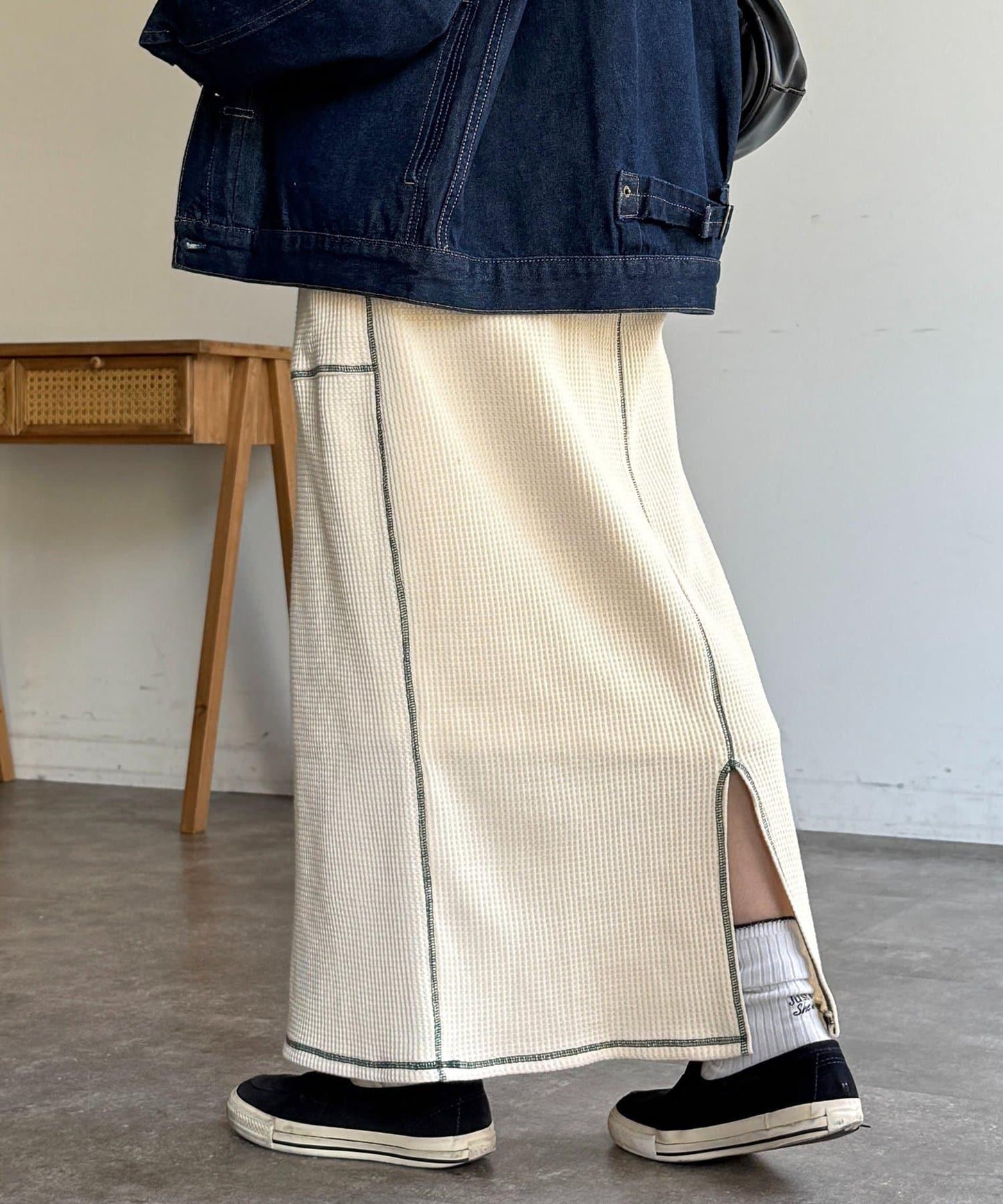 窄版 縫線 華夫格 半身裙