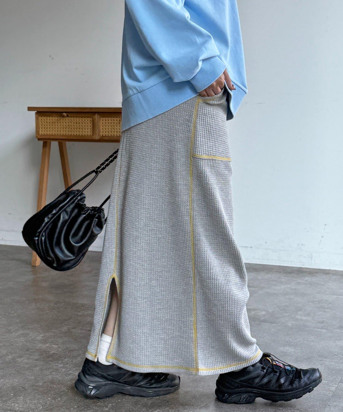 窄版 縫線 華夫格 半身裙