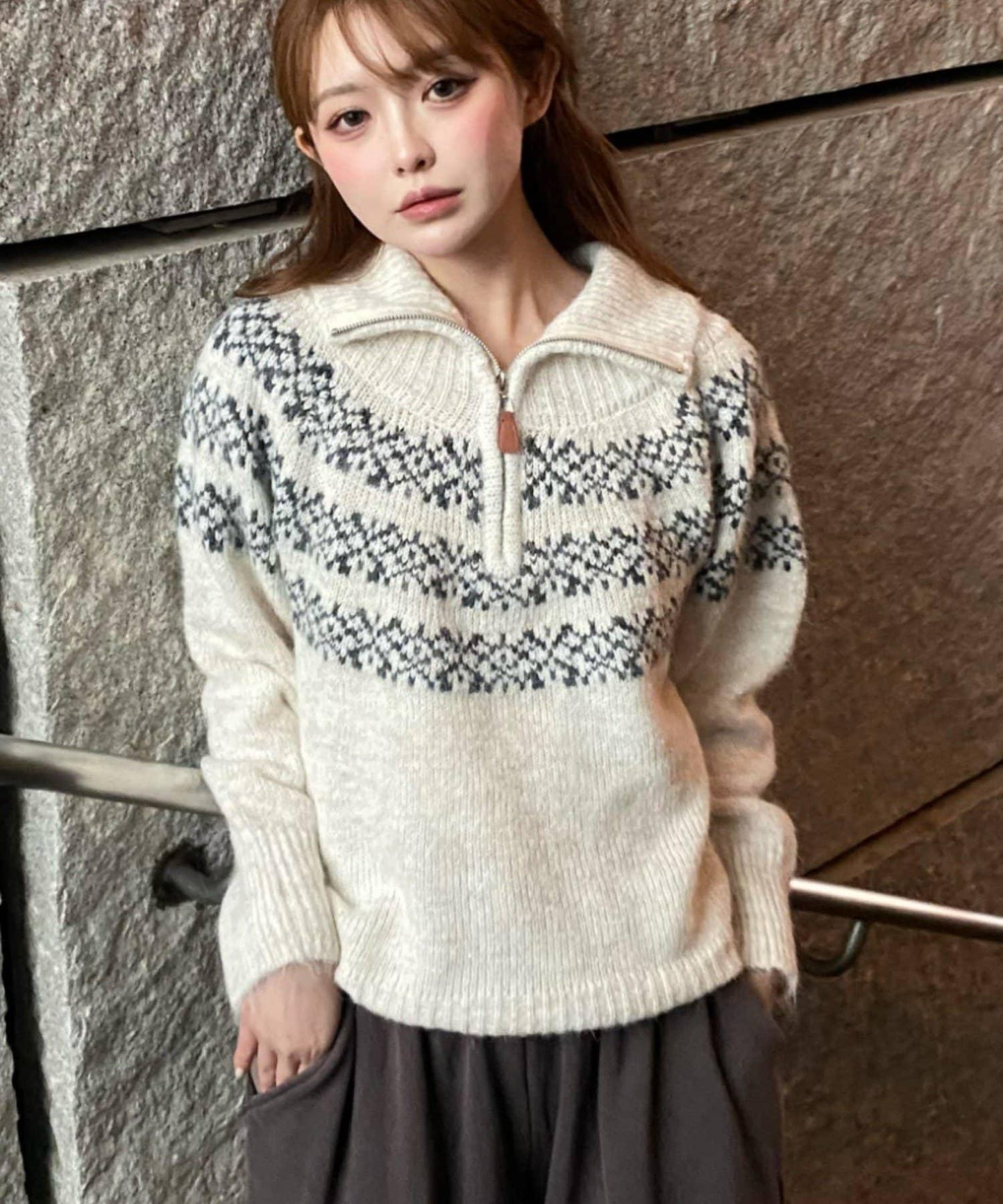 北歐半拉鍊針織針織上衣