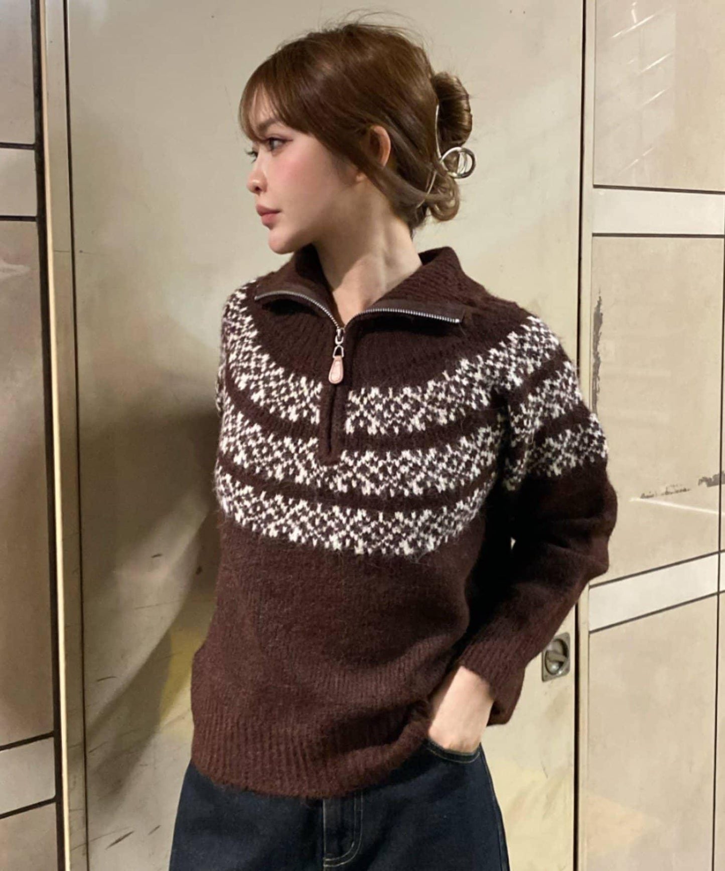 北歐半拉鍊針織針織上衣