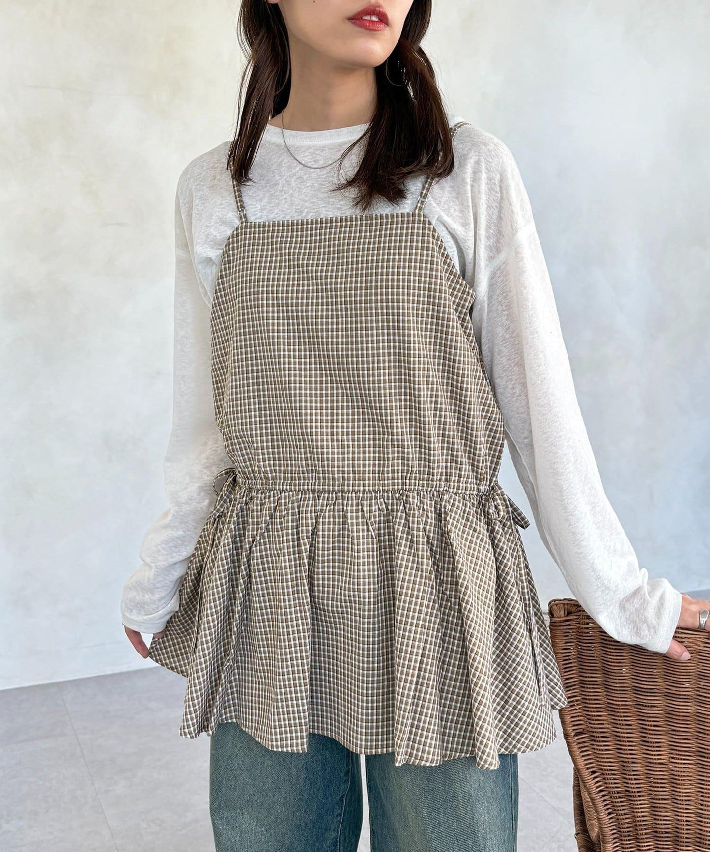 腰部蝴蝶結吊帶長款上衣