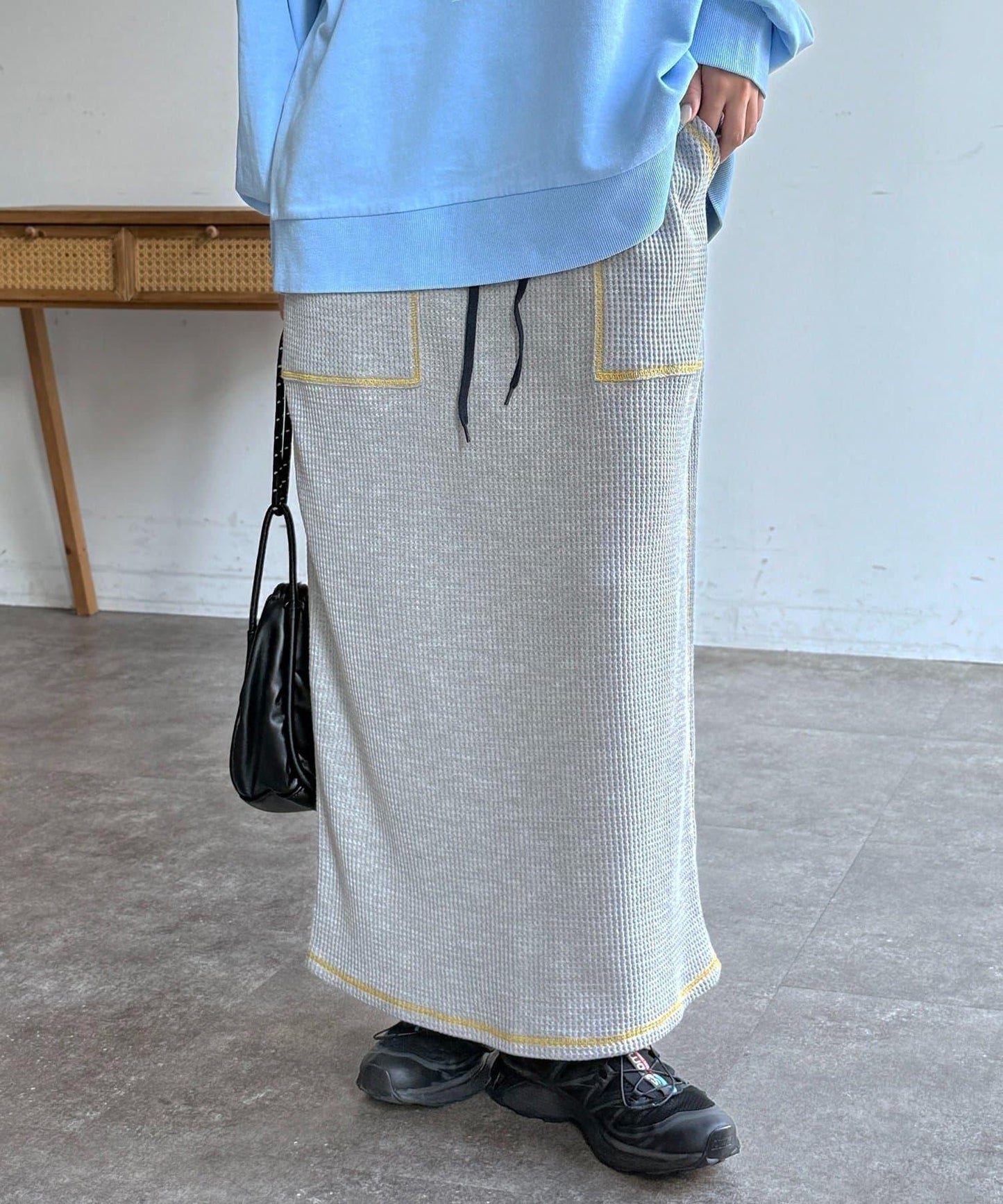 窄版 縫線 華夫格 半身裙